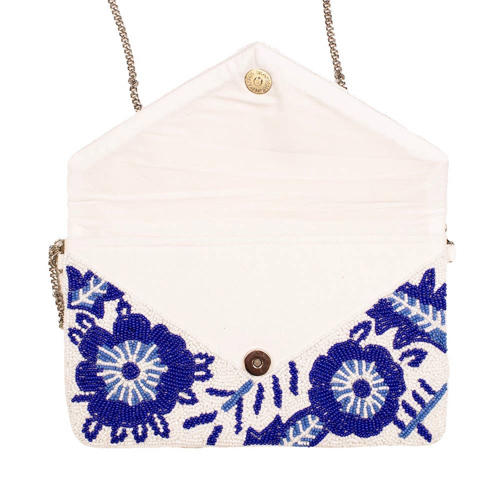 Floral Beaded Clutch White/Blue 10x6