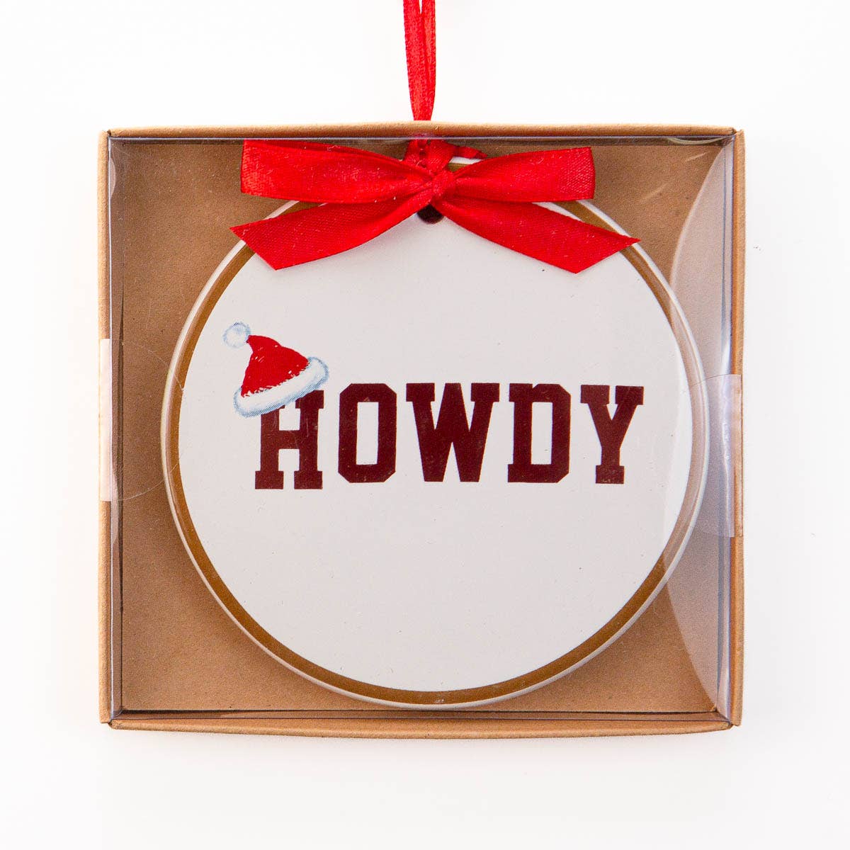 Santa Hat Howdy Ornament White/Maroon/Red 4"