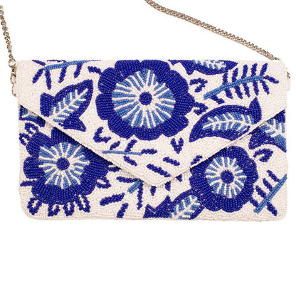 Floral Beaded Clutch   White/Blue   10x6