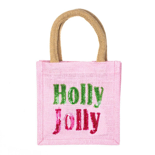 Holly Jolly Sequin Petite Gift Tote   Light Pink/Green   7x7x5