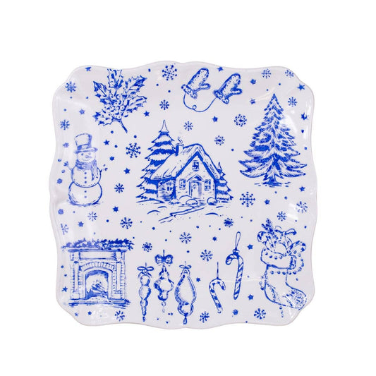 Winter Toile Square Platter   White/Blue  11.5x11.5
