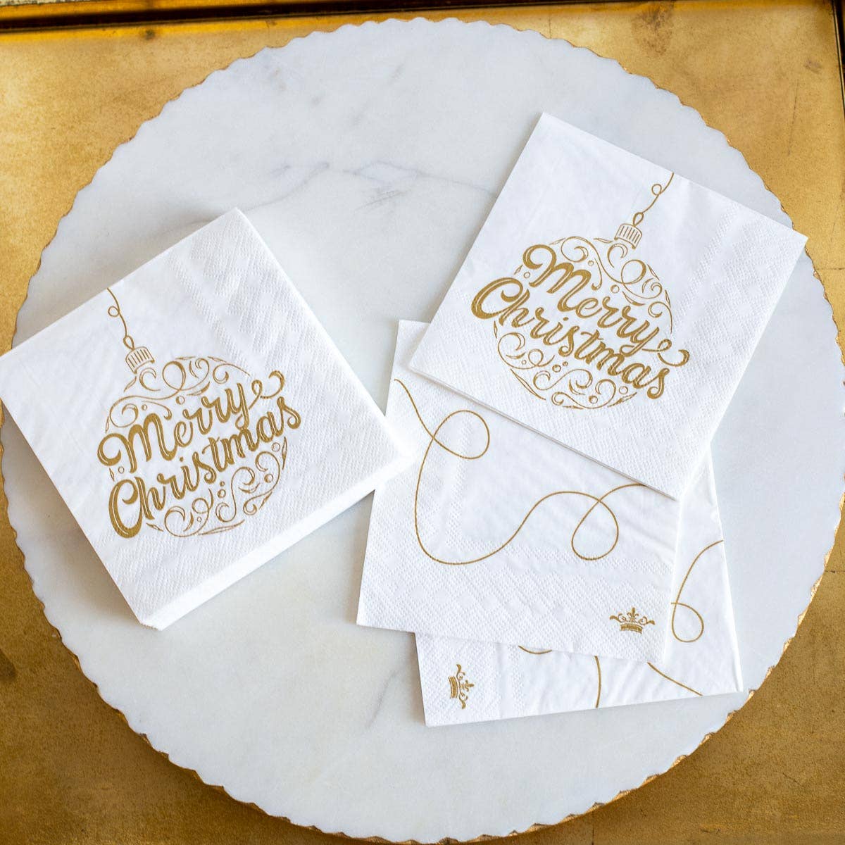 Merry Christmas Ornament Script Cocktail Napkins   White/Gold   5x5