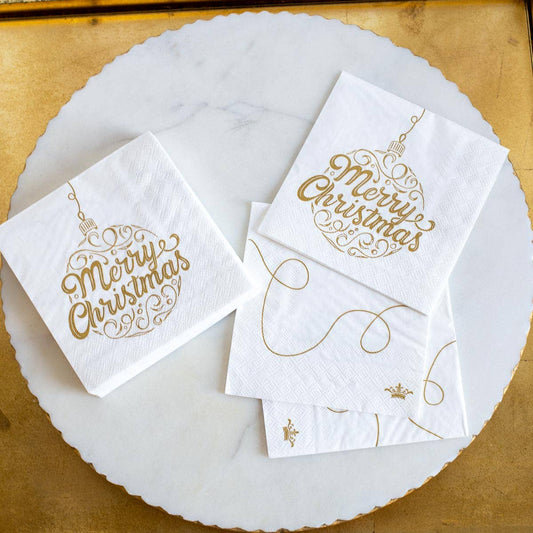 Merry Christmas Ornament Script Cocktail Napkins   White/Gold   5x5