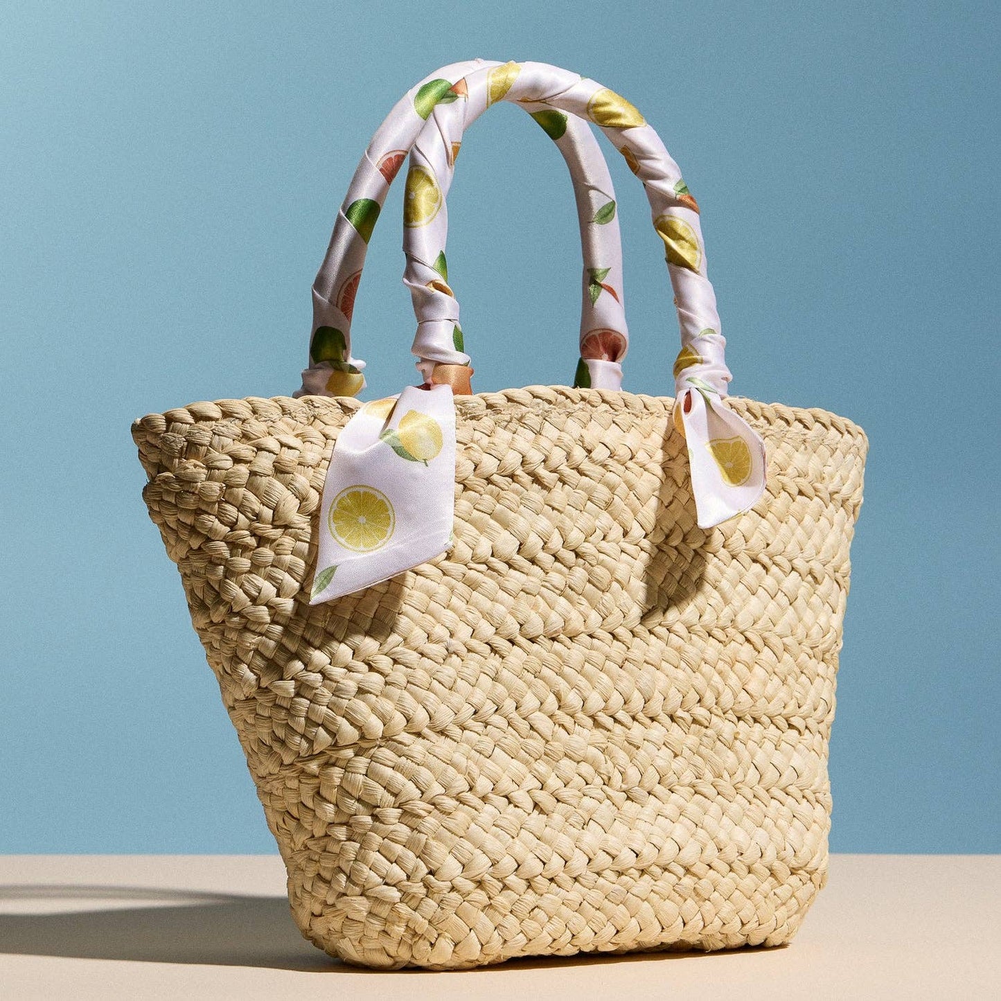 Raffia Mini Tote Bag with Lemon Scarf Handles – Summer Beach & Resort Handbag: MT / ONE