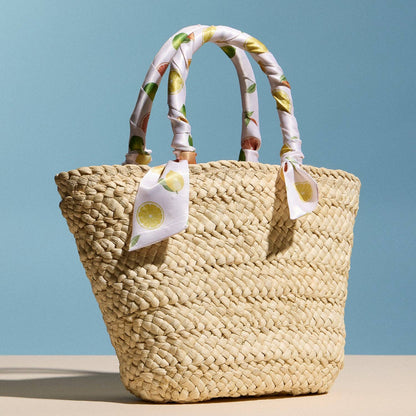 Raffia Mini Tote Bag with Lemon Scarf Handles – Summer Beach & Resort Handbag: MT / ONE