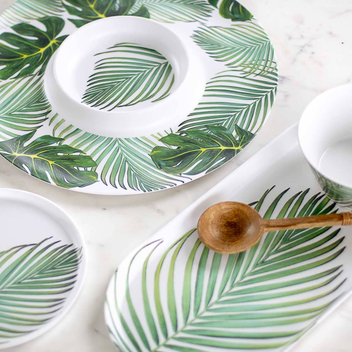 Tobago Palm Melamine Platter   White/Green   17.5x8