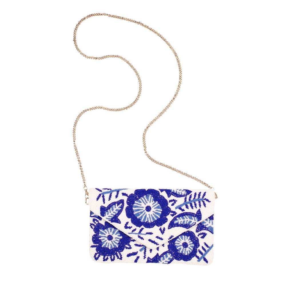 Floral Beaded Clutch   White/Blue   10x6