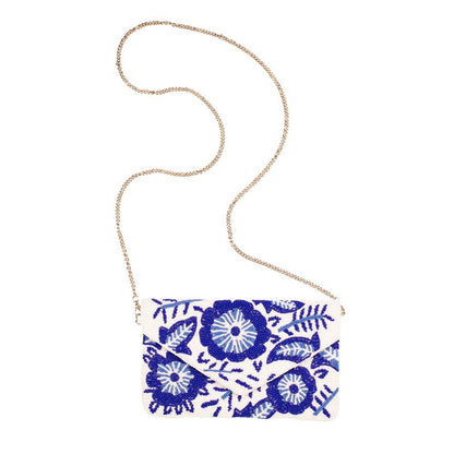 Floral Beaded Clutch   White/Blue   10x6