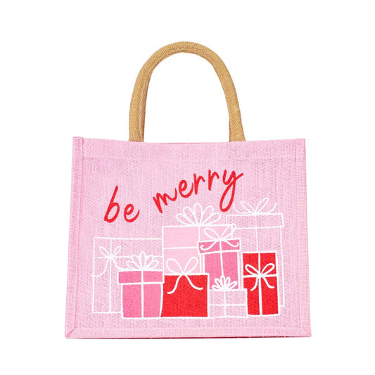 Be Merry Present Gift Tote   Light Pink/Red   12x10x8