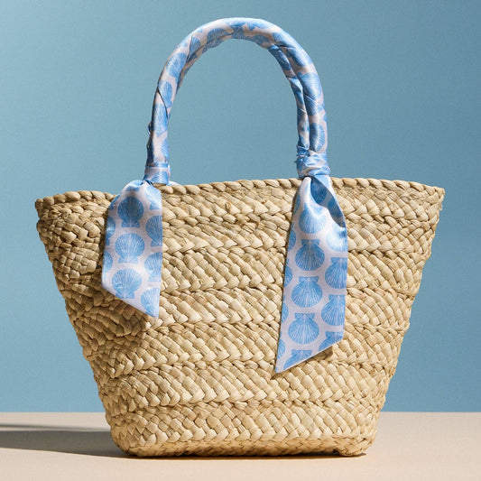 Blue Shell Raffia Bag with Scarf Handles – Woven Summer Beach &amp; Everyday Handbag: BL / ONE