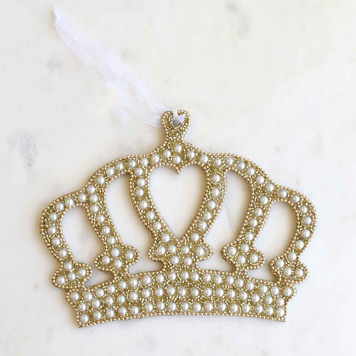 Elizabeth Crown Ornament   Gold/Pearl   7x5
