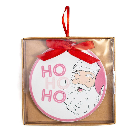 HoHoHo Santa Ornament   White/Pink   4"