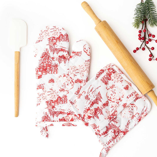 Santa Toile Oven Mitt Set