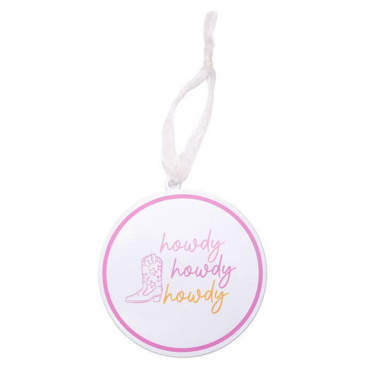 Galvanized Howdy Cowgirl Ornament   White/Pink/Orange   4"